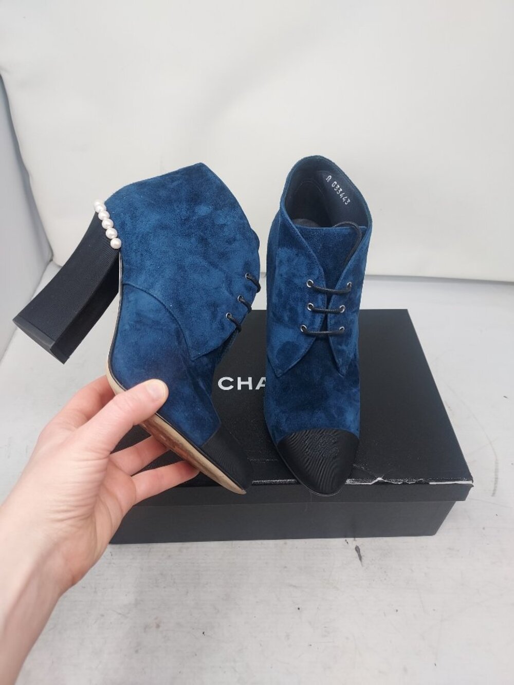 Chanel Suede Blue Pearl Lace Up Heel Boot